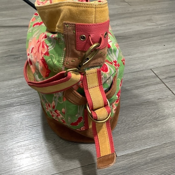 LUCKY BRAND VTG Y2K Floral Blossom Green Canvas Suede Boho Tote Handbag - Picture 2 of 13